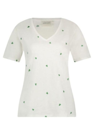Fabienne Chapot Phil V-neck Green Heart T-shirt 1003 Cream White