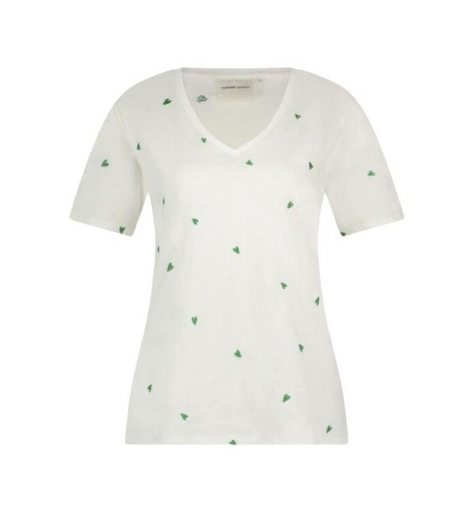 Fabienne Chapot Phil V-neck Green Heart T-shirt 1003 Cream White