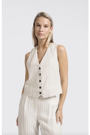 Yaya Linen mix pinstripe gilet 999881 Sand linen beige dessin