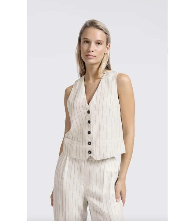 Yaya Linen mix pinstripe gilet 999881 Sand linen beige dessin