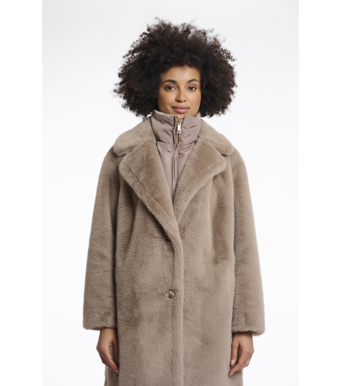Rino en Pelle Single breasted faux fur coat with detachable coll 10868 toffee