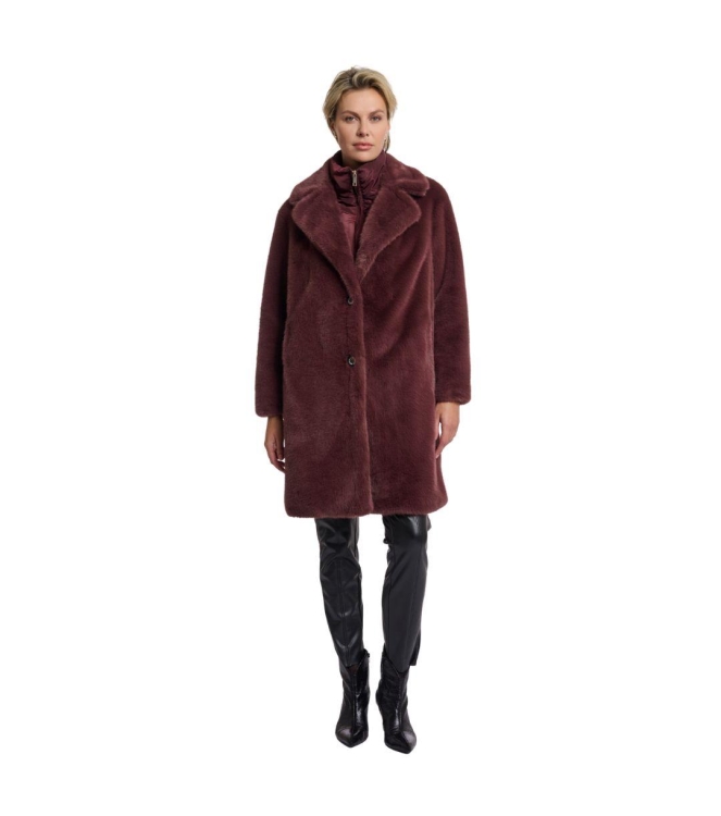 Rino en Pelle Single breasted faux fur coat with detachable coll 10873 chocolate bean