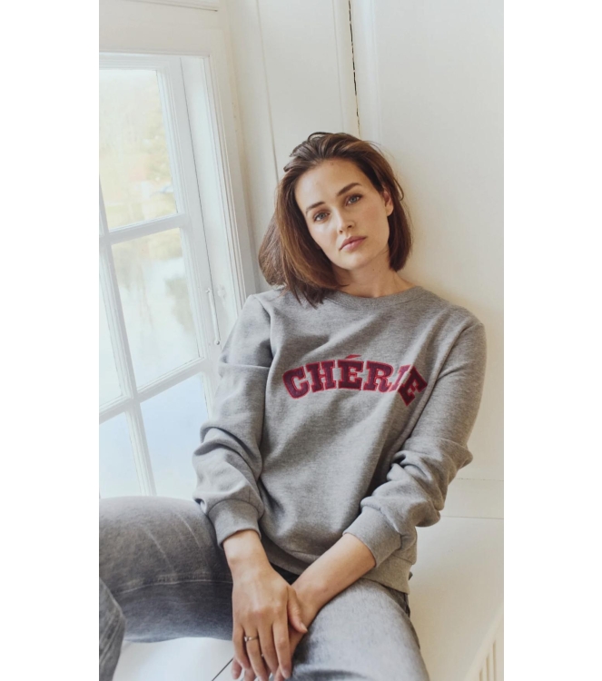 Freequent Embroidery pullover Med.grey mel w. port royale