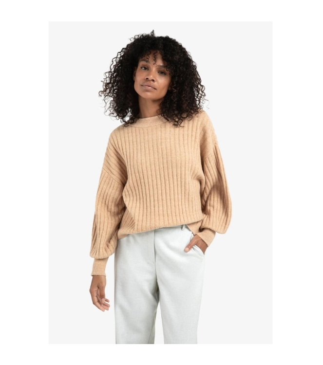 Yaya Ribbed sweater with round neck 99030 Light camel