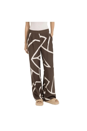 Yaya Woven printed wide leg trouser 912161 Chocolate martini brown dess