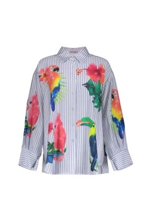 Geisha Blouse stripes & birds 600 Light blue