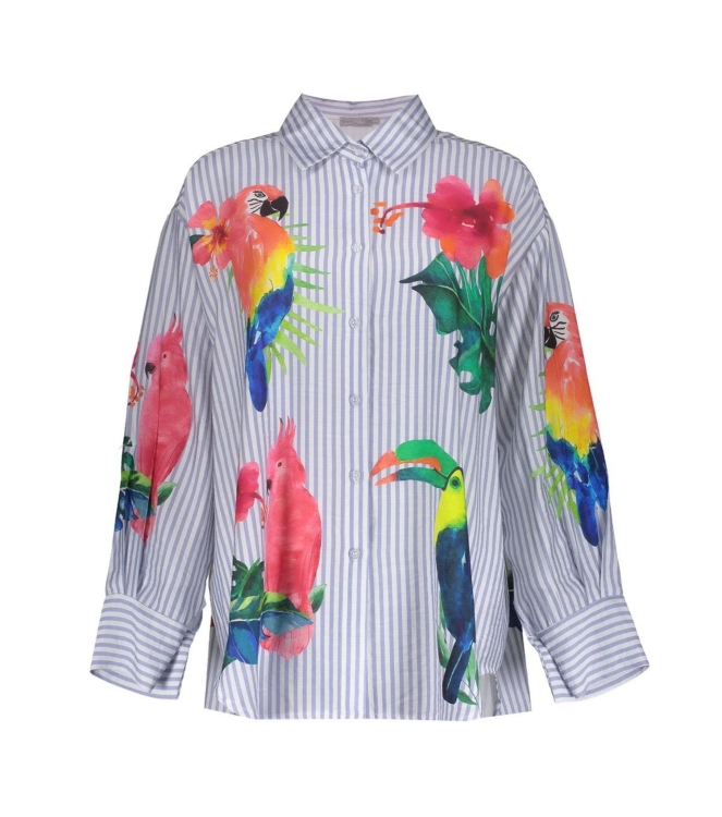 Geisha Blouse stripes & birds 600 Light blue
