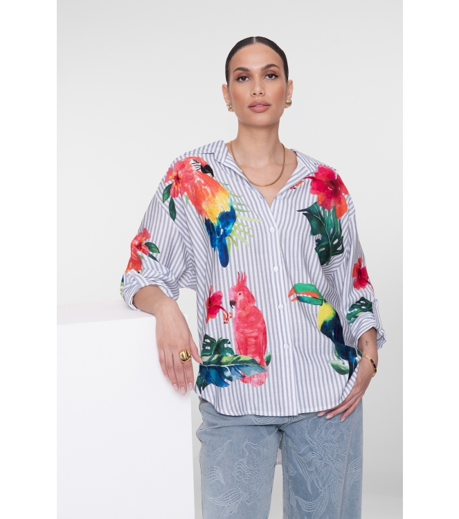 Geisha Blouse stripes & birds 600 Light blue